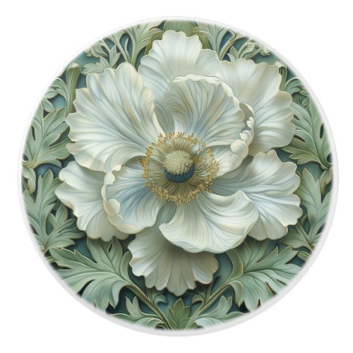 White Sage Green Flower Art Nouveau Ceramic Knob