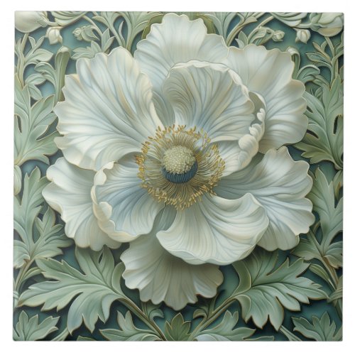 White Sage Green Flower Art Nouveau Ceramic Tile