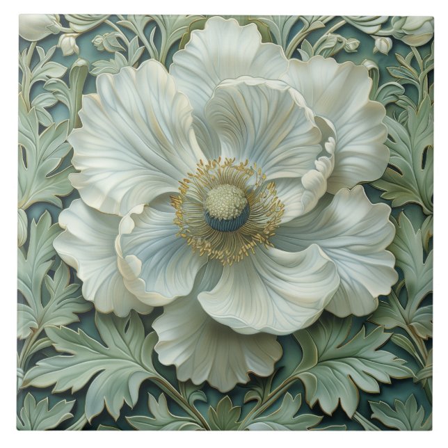 White Sage Green Flower Art Nouveau Ceramic Tile (Front)