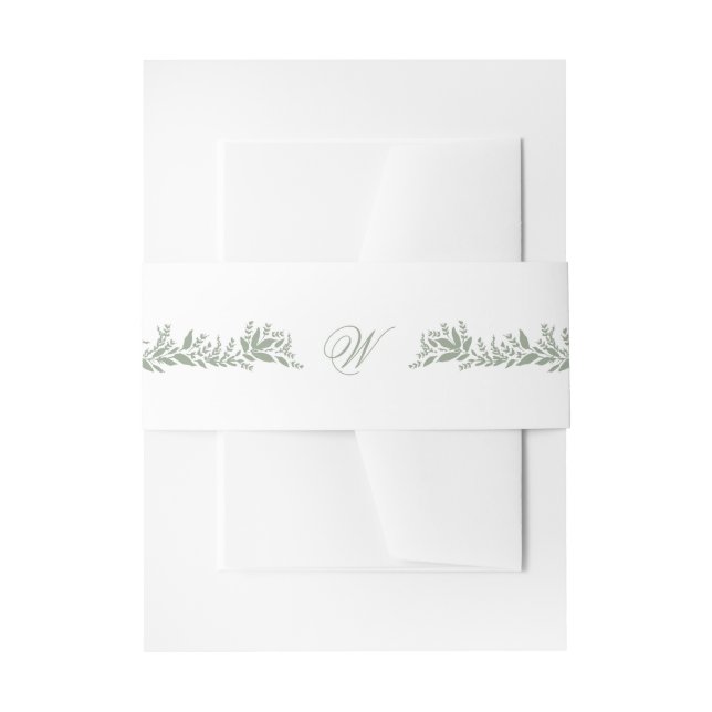 white sage green leafy arms monogram wedding invitation belly band (Front Example)