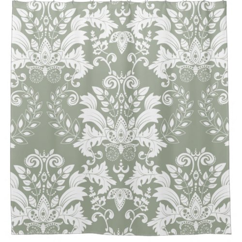 White  Sage Green Ornate Floral Design Shower Curtain