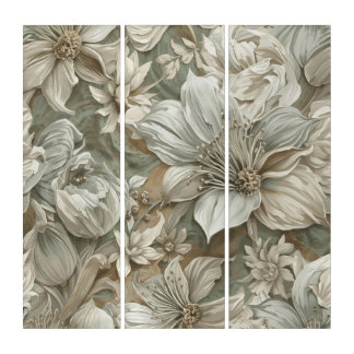 White Sage Textile Harmony — Embroidered Faux Oil  Triptych