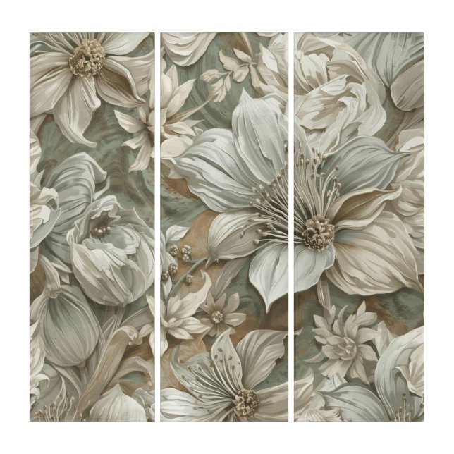 White Sage Textile Harmony — Embroidered Faux Oil  Triptych (Front)