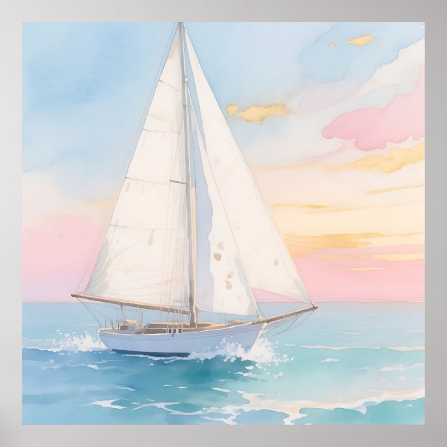 White Sailboat Ocean Glow Poster (Front)