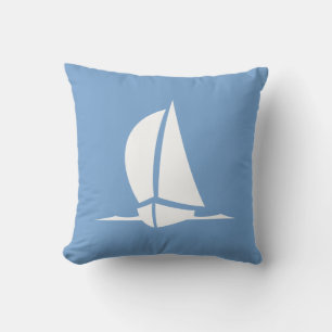 White sailboat on blue Nautical Stripes on back Outdoor Pillow