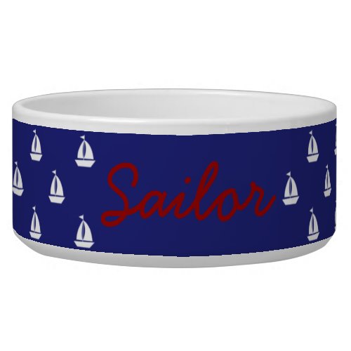 White Sailboats on Nautical Blue Personalized Bowl