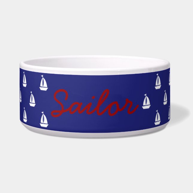 White Sailboats on Nautical Blue Personalized Bowl (Front)