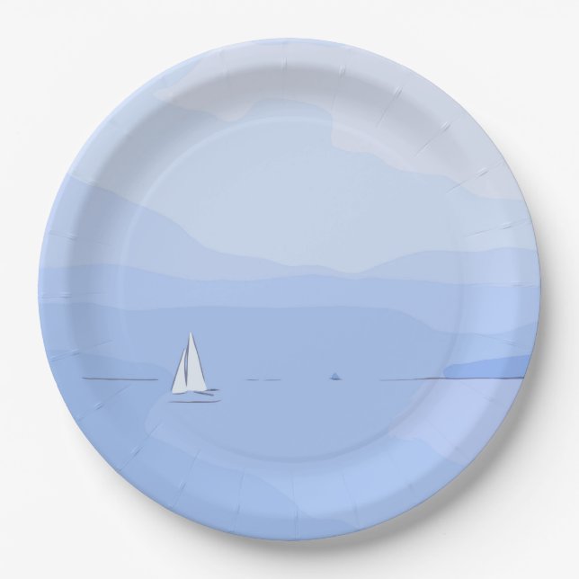 White Sailing boat in the lake on blue sky Paper Plates (Front)