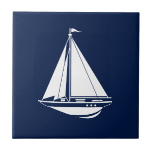 White sailing boat on blue sea ceramic tile