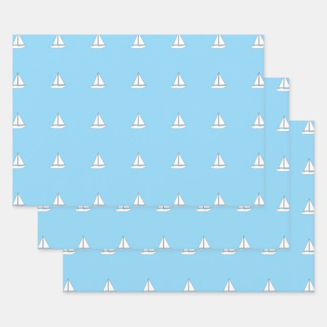 White Sailing Boats on Blue Background Wrapping Paper Sheets (Set)