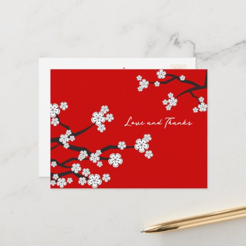 White Sakura Cherry Blossoms Asian Chic Thank You Postcard