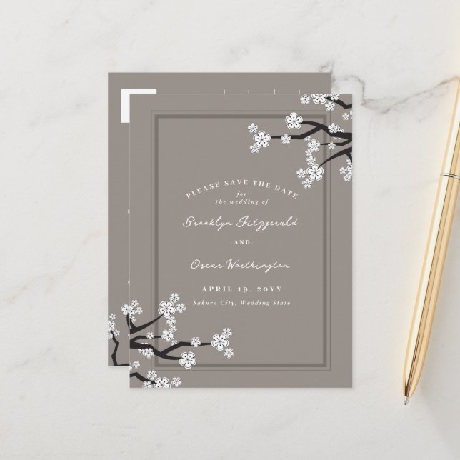 White Sakura Cherry Blossoms Asian Save The Date Announcement Postcard (Front/Back In Situ)