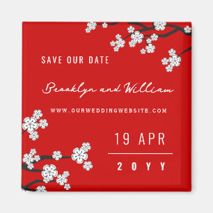 White Sakura Cherry Blossoms Asian Save The Date Magnet