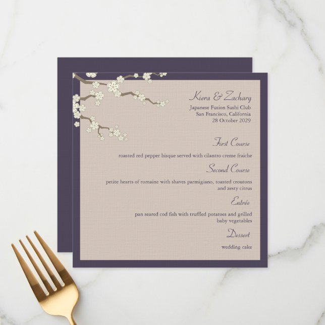 White Sakura Cherry Blossoms Modern Asian Wedding Menu (Front/Back In Situ)