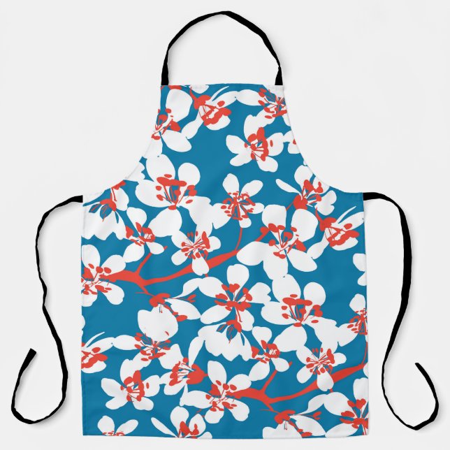 White sakura, classic blue background pattern. apron (Front)