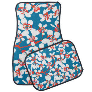 White sakura, classic blue background pattern. car floor mat