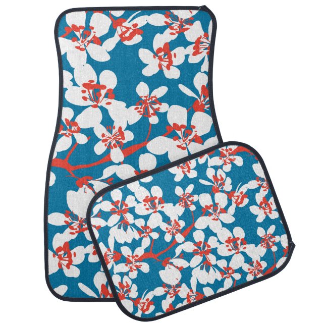 White sakura, classic blue background pattern. car floor mat (Set)