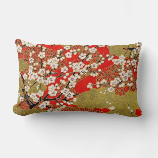 White Sakura Fine Vintage Japanese Pattern Lumbar Pillow (Front)
