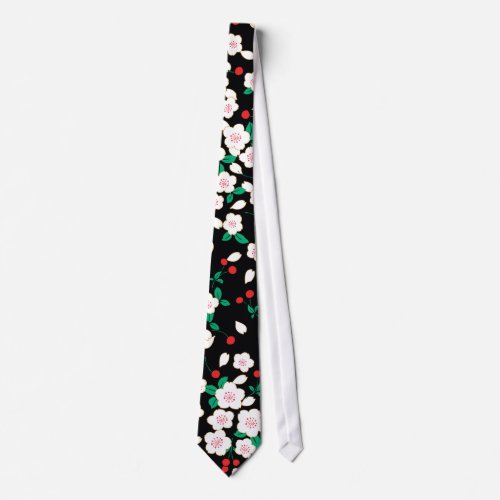 White Sakura Japanese Floral Kimono Tie