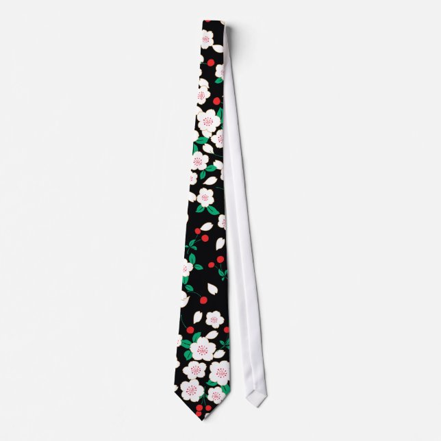 White Sakura Japanese Floral Kimono Tie (Front)