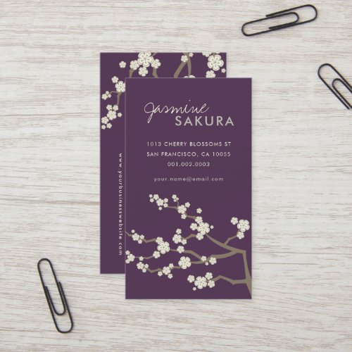 White Sakura Oriental Cherry Blossoms Elegant Chic Business Card