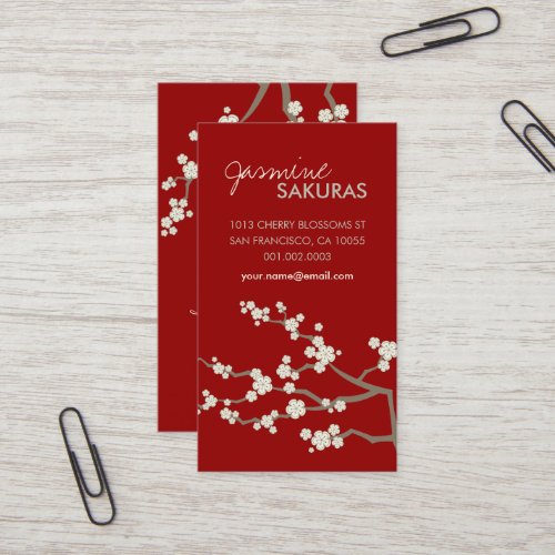 White Sakura Oriental Cherry Blossoms Elegant Chic Business Card