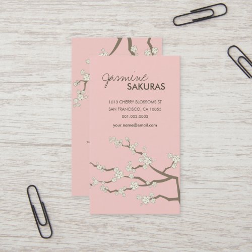 White Sakura Oriental Cherry Blossoms Elegant Chic Business Card