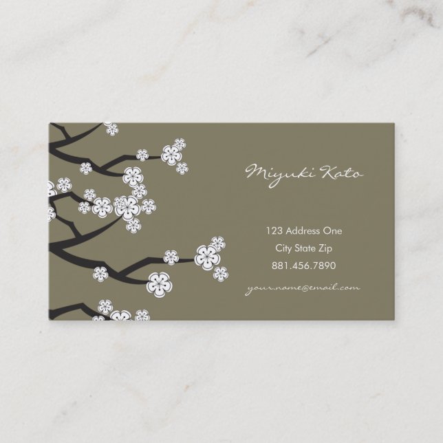 White Sakura Oriental Cherry Blossoms Elegant Chic Business Card (Front)
