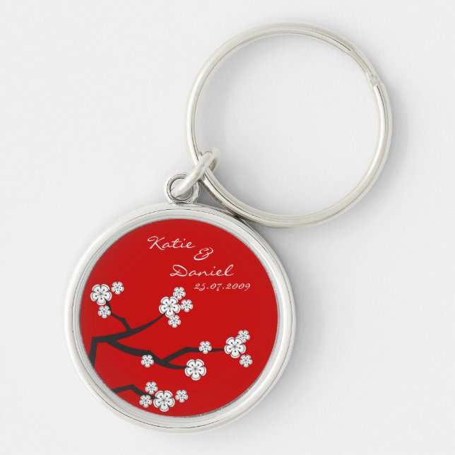 White Sakura Zen Cherry Blossoms Wedding Key Chain (Front)