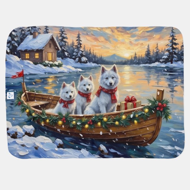 White Samoyed Christmas Boat Holiday Baby Blanket (Back Horizontal)