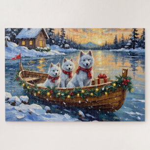 White Samoyed Christmas Boat Holiday Jigsaw Puzzle