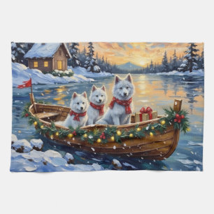 White Samoyed Christmas Boat Holiday Kitchen Towel