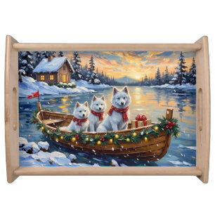 White Samoyed Christmas Boat Holiday Serving Tray