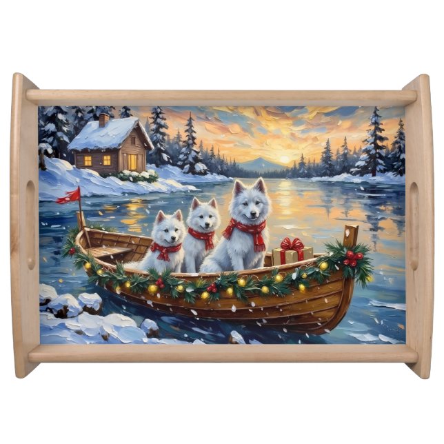 White Samoyed Christmas Boat Holiday Serving Tray (Front)