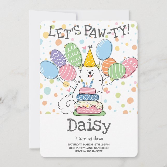 White Samoyed Dog Birthday Party Invitation (Front)