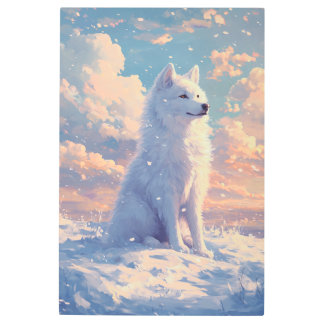 White Samoyed Winter Snow Sunset Dog Art Painting