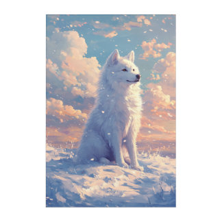 White Samoyed Winter Snow Sunset Dog Art Painting