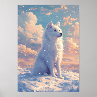 White Samoyed Winter Snow Sunset Dog Art Painting Poster