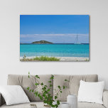White sand beach mediterranean vacation faux canvas print<br><div class="desc">A beautiful canvas print featuring an original photograph of the clear blue water and white sand of an amazing beach in Corse (France) with all its shades of turquoise, surrounded by green Mediterranean scrub with a little islet and some sailboats in the distance on a sunny summer day under a...</div>