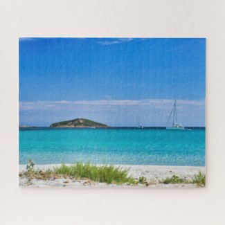 White sand beach turquoise water islet & sailboat jigsaw puzzle