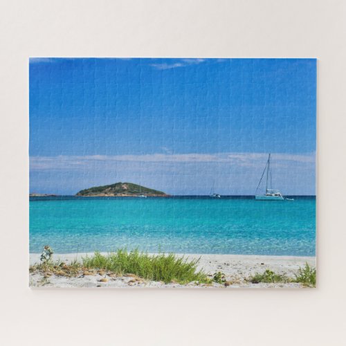 White sand beach turquoise water islet  sailboat jigsaw puzzle