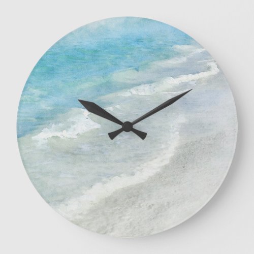 White Sand Beach Watercolor _ Teal Aqua Turquoise  Large Clock