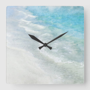 White Sand Beach Watercolor - Teal Aqua Turquoise Square Wall Clock