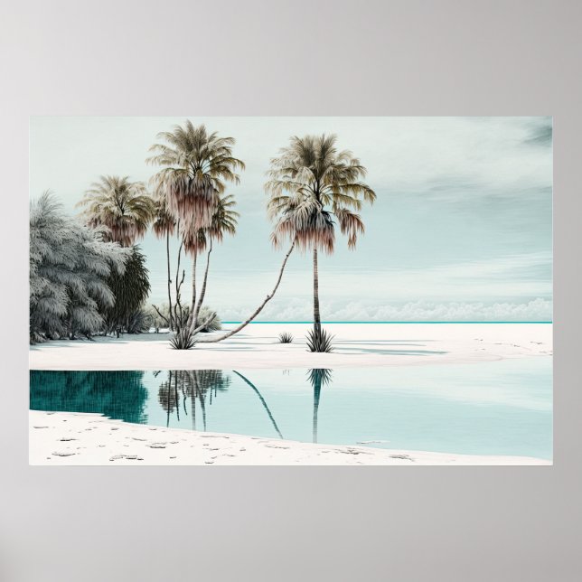 White Sand Beach with Palm Trees Ai Art Poster (Front)