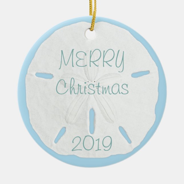 White Sand Dollar on Blue Tropical Christmas Ceramic Ornament (Front)