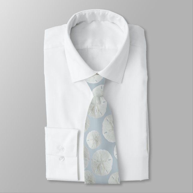 White Sand Dollar Patterned Tie Gray Blue (Tied)
