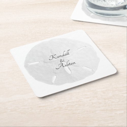 White Sand Dollar Wedding Custom Text Square Paper Coaster