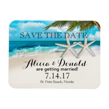 White Sands Beach Starfish Couple Save The Date Magnet by glamprettyweddings at Zazzle