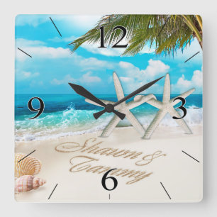 White Sands Beach Starfish Couple Square Wall Clock