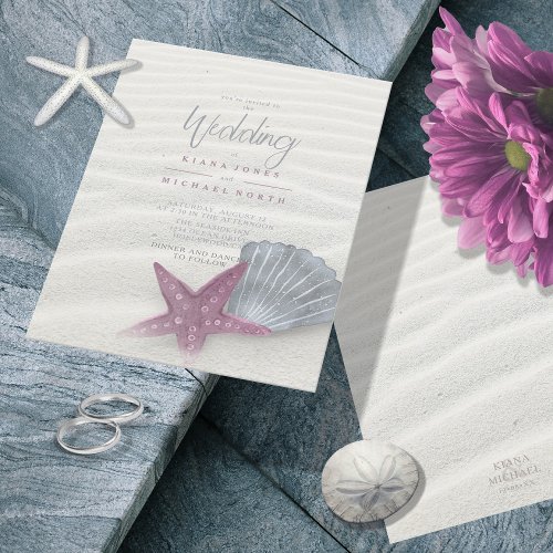 White Sands Starfish Wedding PlumSteel Blue ID605 Invitation